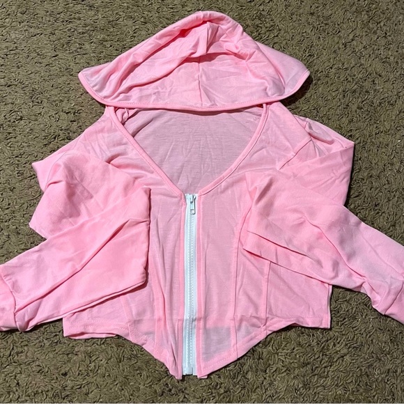 Asymmetrical Pink Hooded Long Sleeve Zip Up Jacket Style Crop Top & Short Outfit - Picture 5 of 6